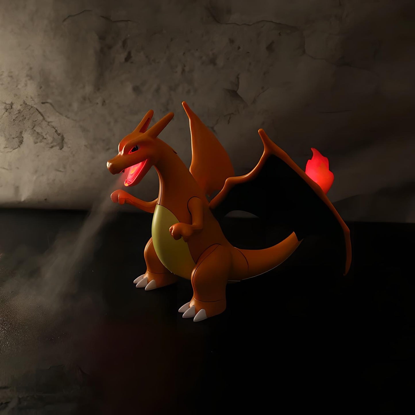 Charizard-inspired humidifier in dark room with glowing tail flame and mist spray, ambient desk night decor