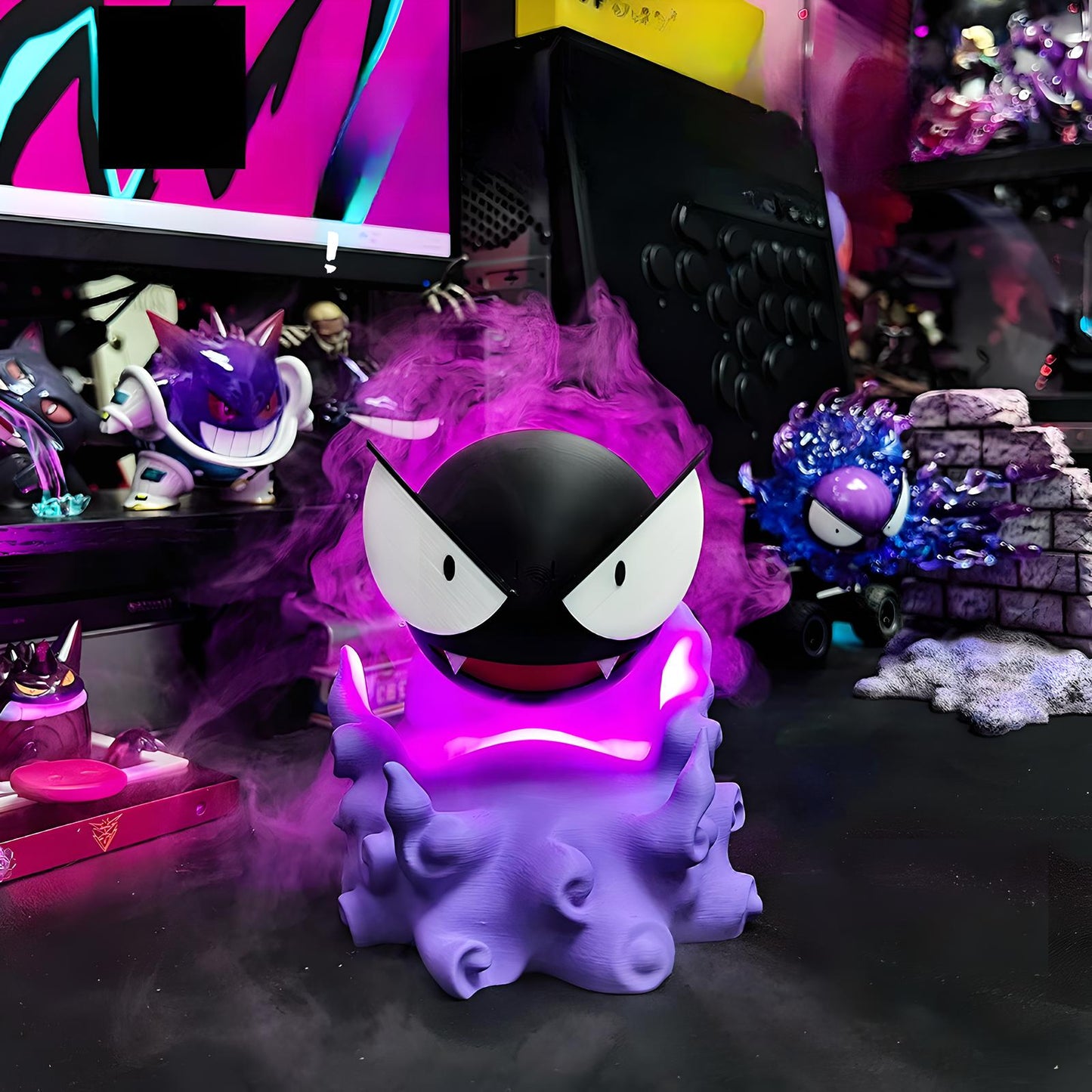 Front close-up of Gastly-inspired humidifier with purple LED light and swirling mist on desktop
