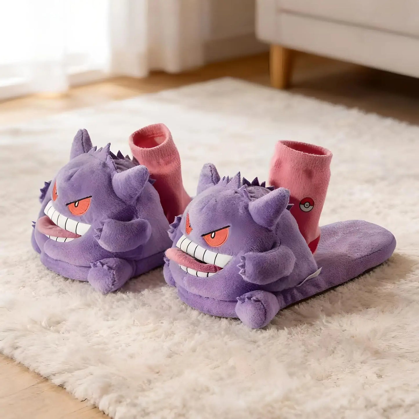 Pokemon Gengar plush slippers worn with Poké Ball socks on soft living room rug – cute anime indoor house shoes