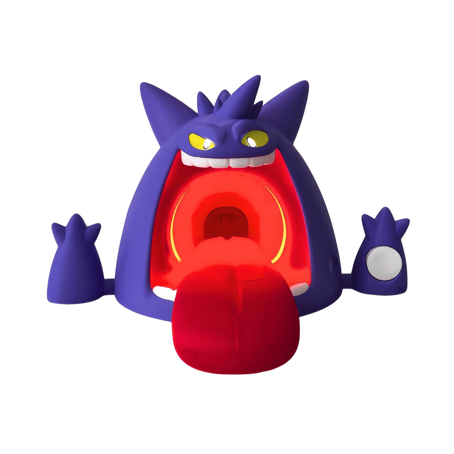 Gengar-inspired wireless charger render with red LED glow, purple character design, front view