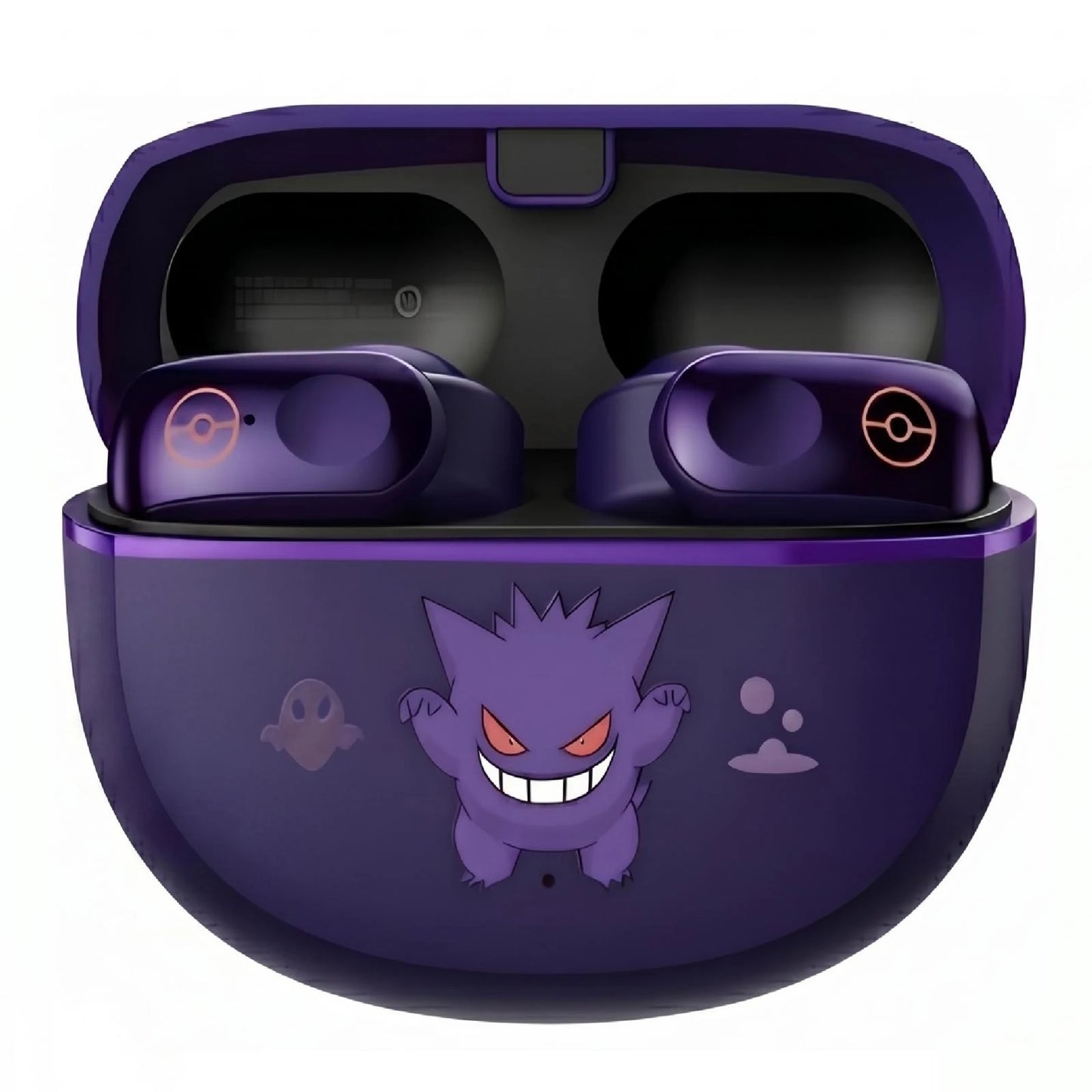 Front view of Gengar purple wireless earbuds inside open charging case