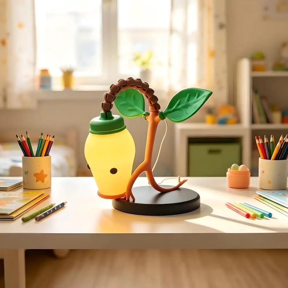 Custom 3D printed Bellsprout desk lamp with adjustable joints bending down on a kid's study table