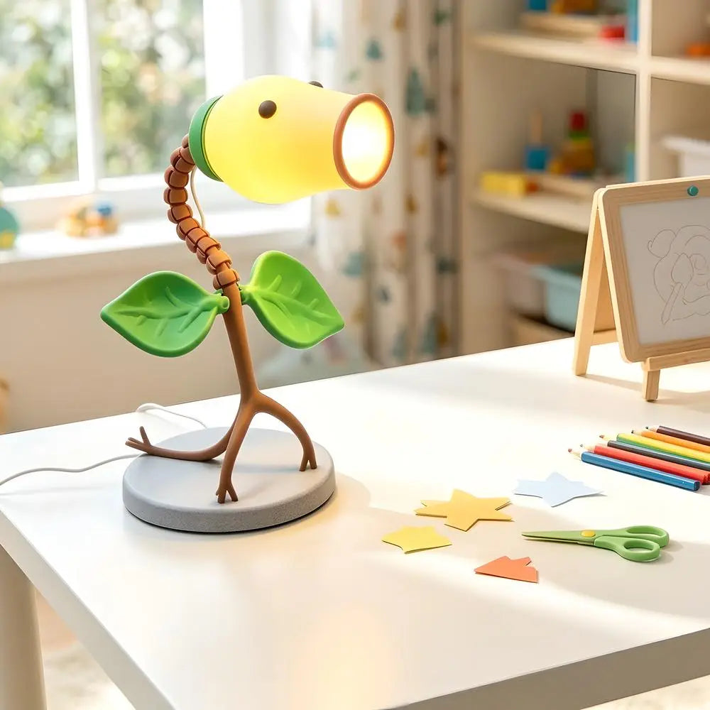 Bellsprout 3D printed night light glowing with warm light on a white desk with craft supplies