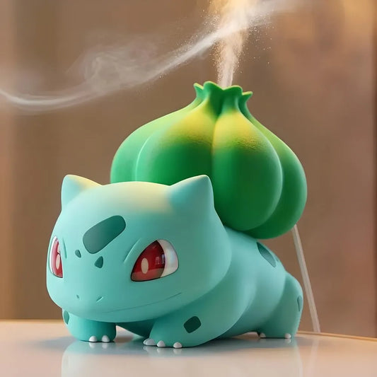 Bulbasaur humidifier emitting cool mist from its back bulb, desktop anime decor