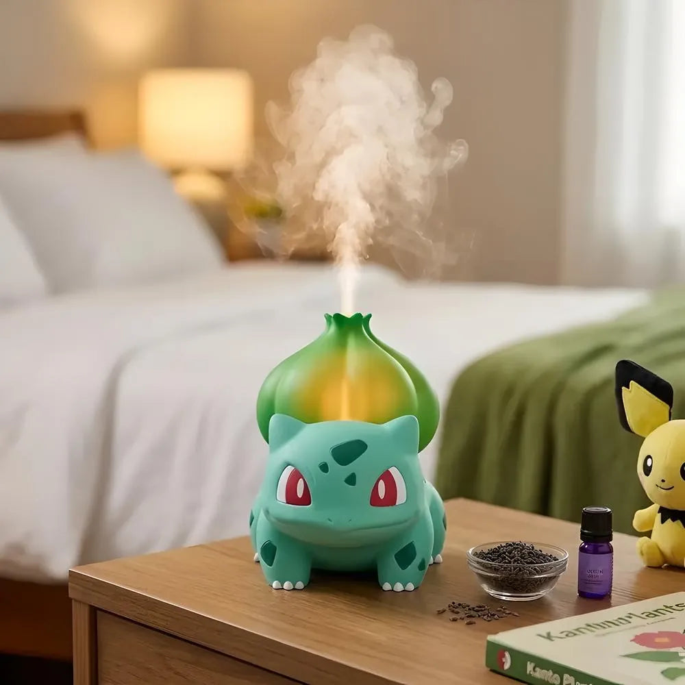 Bulbasaur cool mist humidifier on a wooden nightstand with warm glowing light in a bedroom