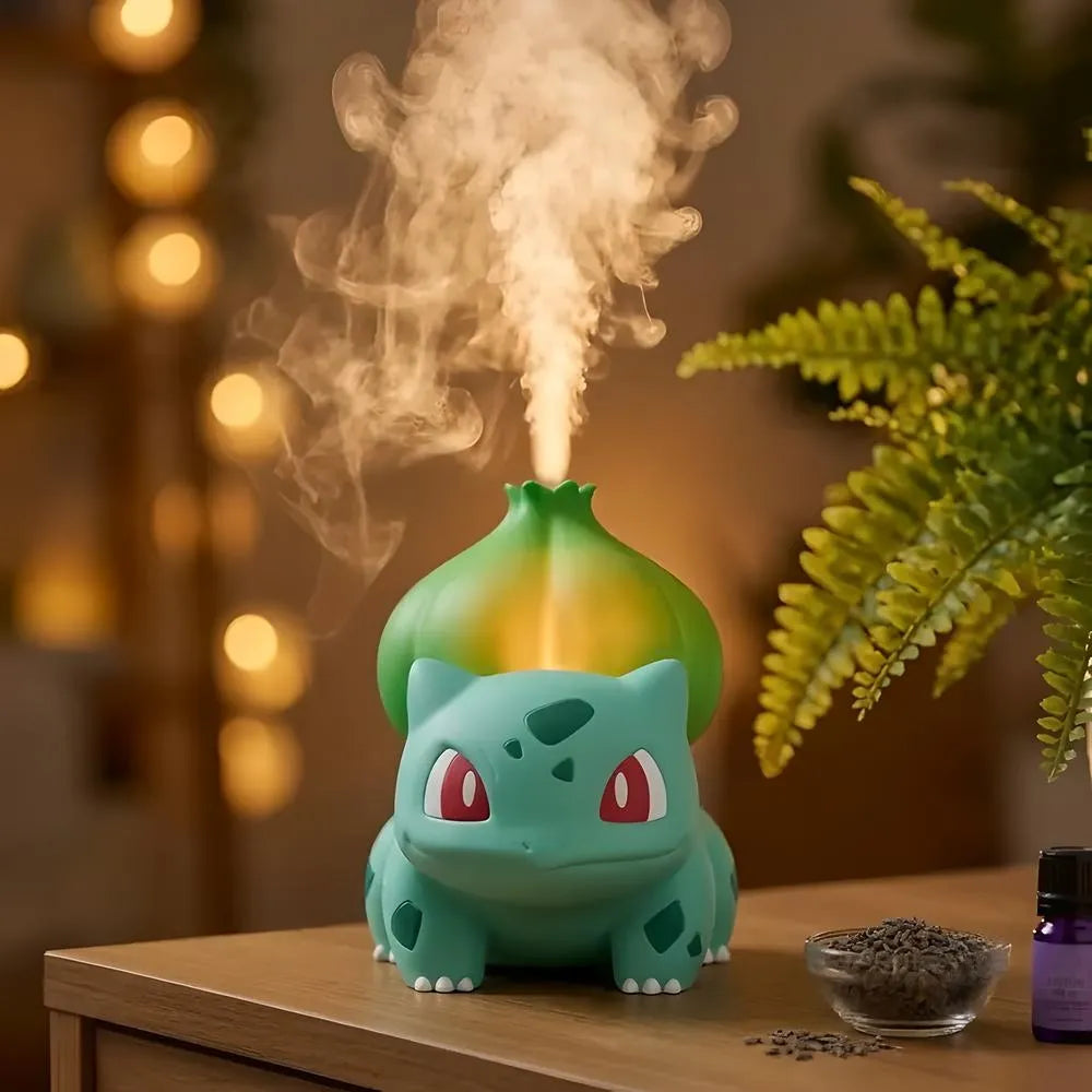 Cute Bulbasaur essential oil diffuser releasing mist next to plants for cozy room decor
