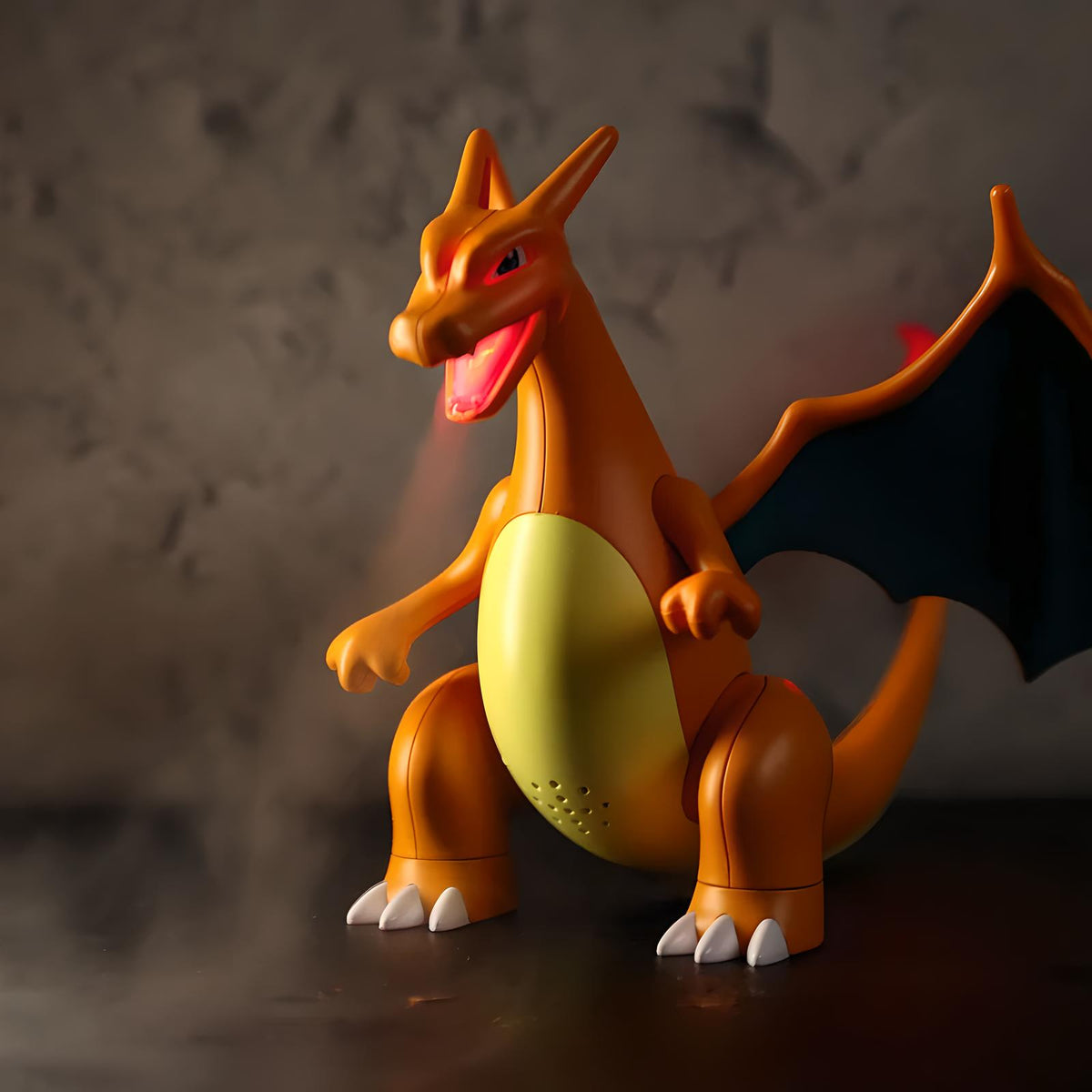 Charizard-inspired cool mist humidifier blowing visible mist from mouth, LED light effect for gaming desk decor