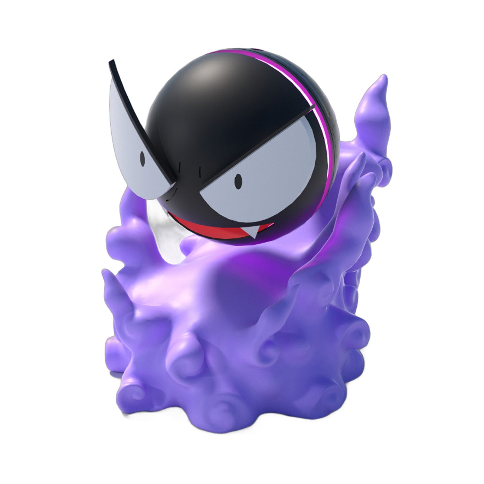 Gastly-inspired desktop humidifier, angled view showing purple swirl base and sharp cartoon eyes