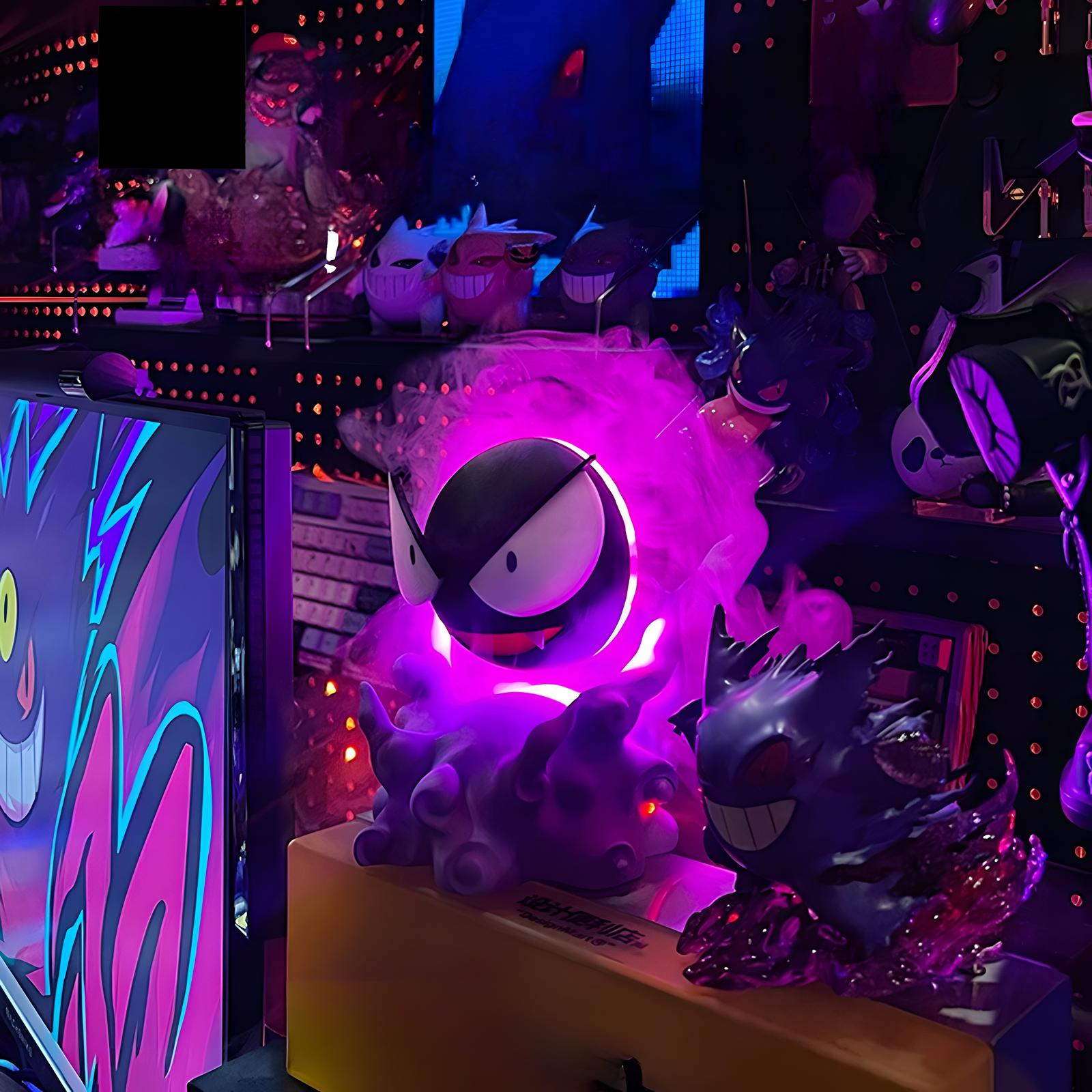 Gastly-inspired mini humidifier on gaming setup desk, purple mist rising with ambient LED lighting