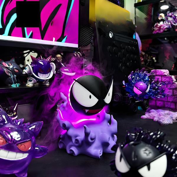 Glowing Gastly-inspired humidifier with vivid purple light and mist, moody gaming room desk decor