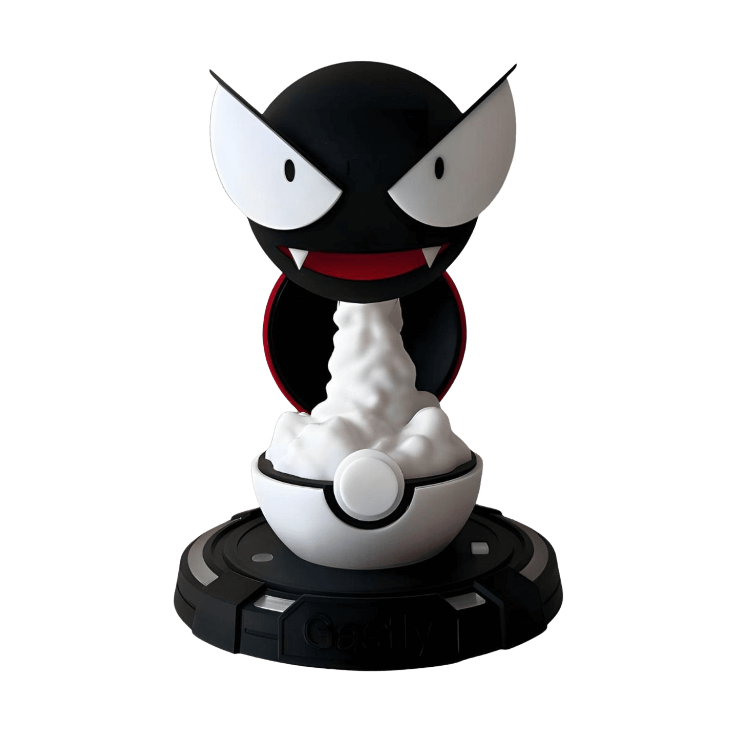 Gastly-inspired cool mist humidifier render, ghost-themed desktop humidifier with pokeball-style base, front view