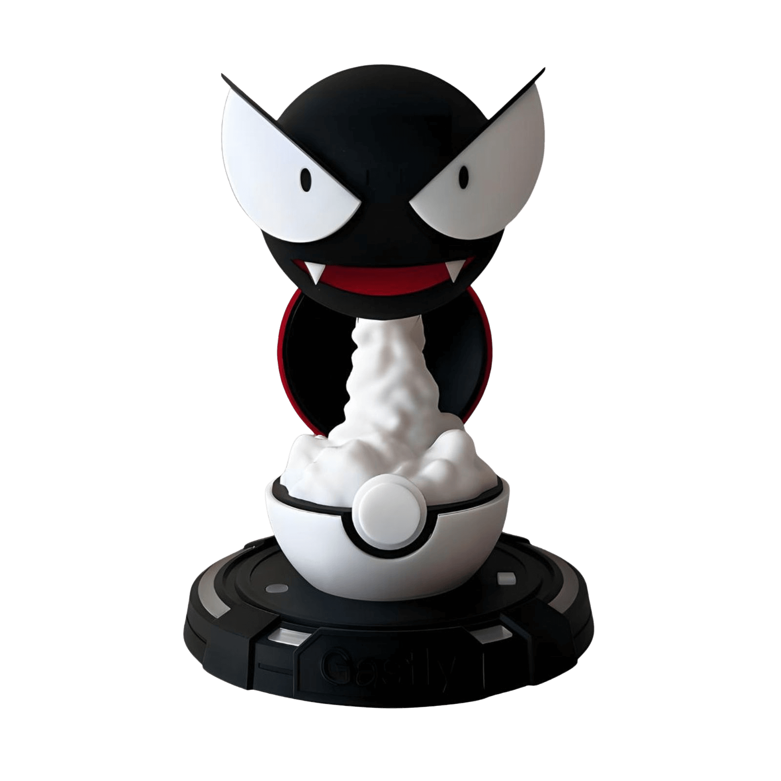 Gastly-inspired cool mist humidifier render, ghost-themed desktop humidifier with pokeball-style base, front view