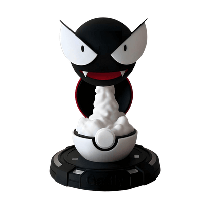 Gastly-inspired cool mist humidifier render, ghost-themed desktop humidifier with pokeball-style base, front view