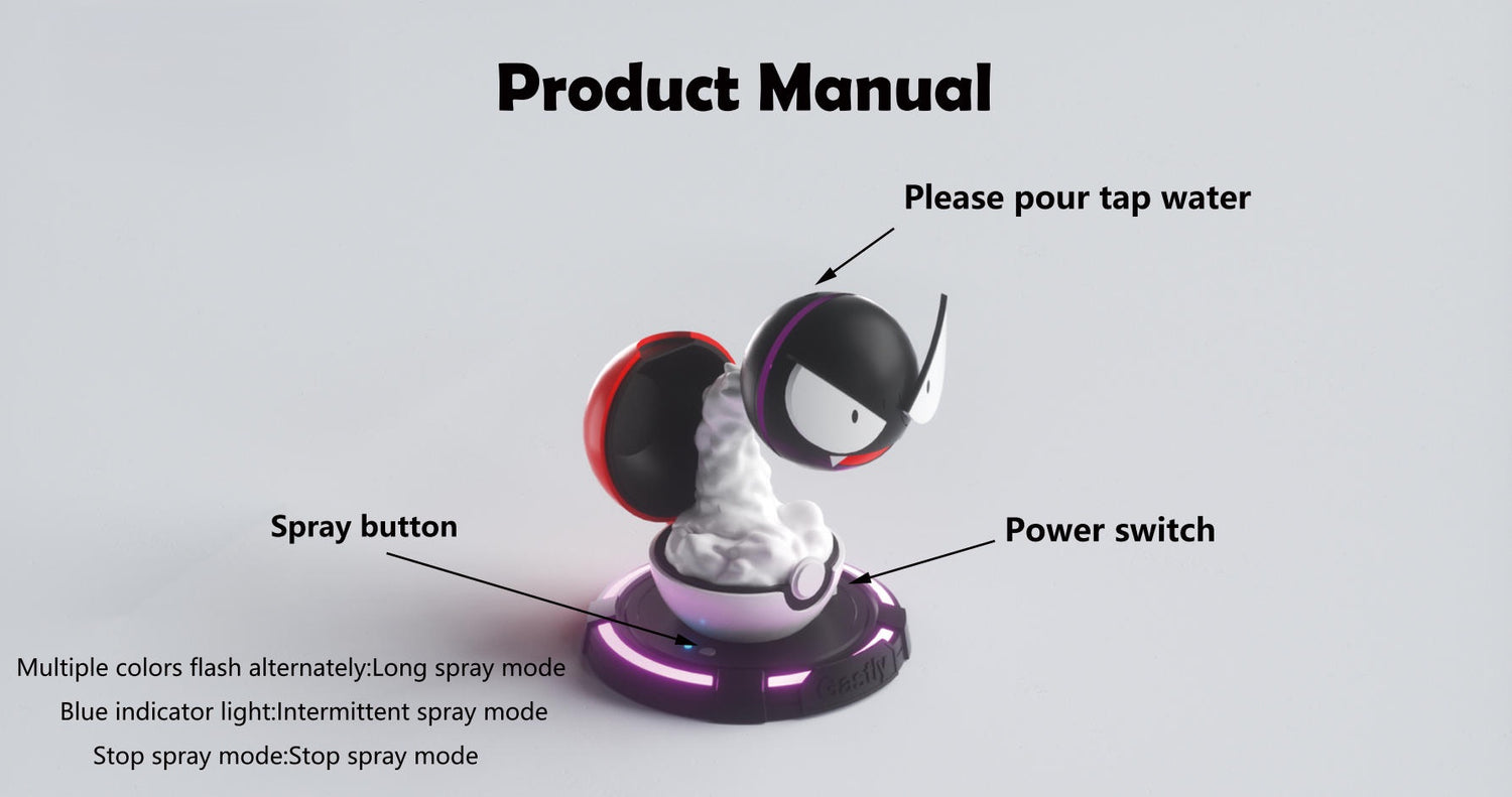 Gastly-themed humidifier product manual with setup instructions and labeled controls for spray modes and power switch