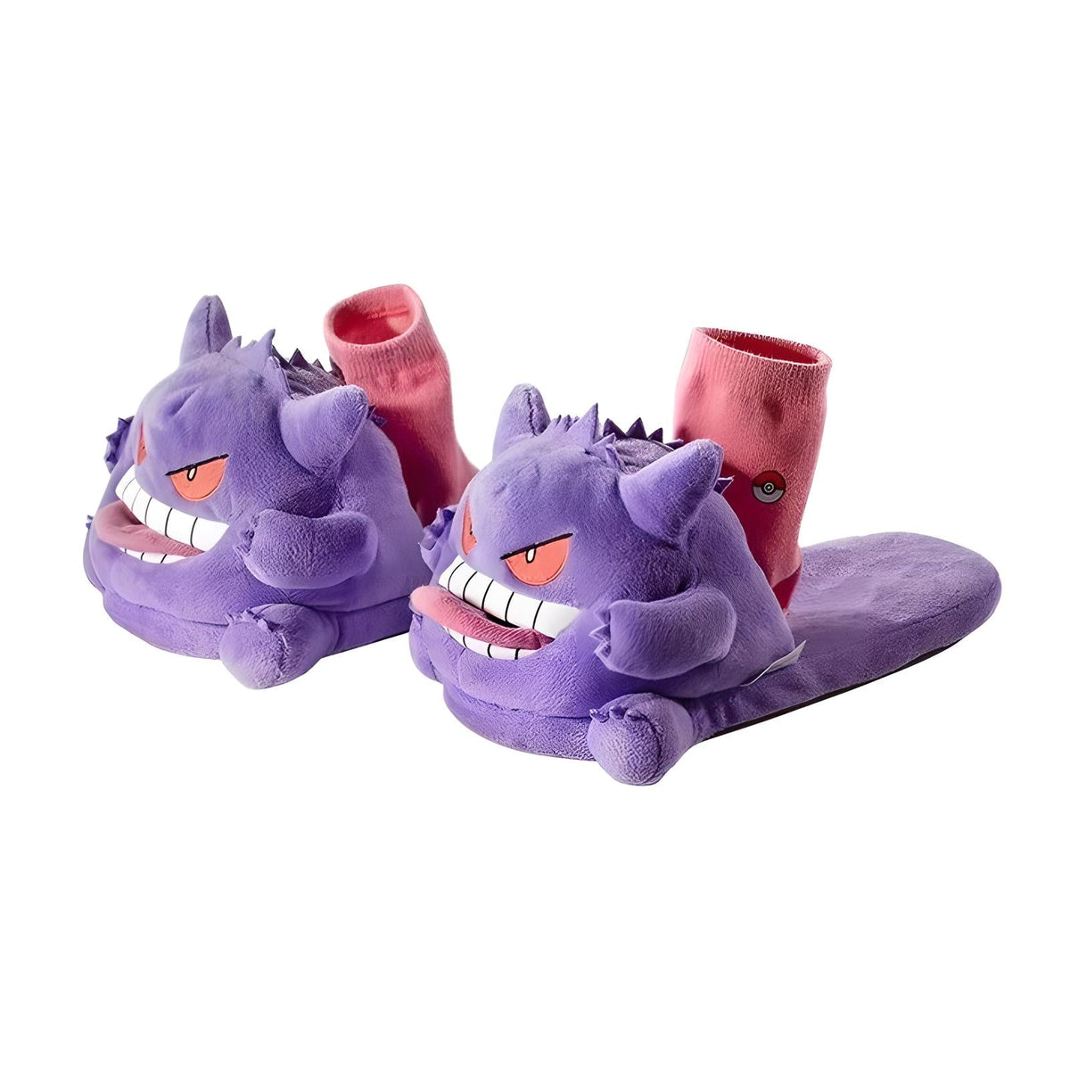 Pair of purple Gengar-inspired plush slippers with embroidered eyes and grin, shown on white background