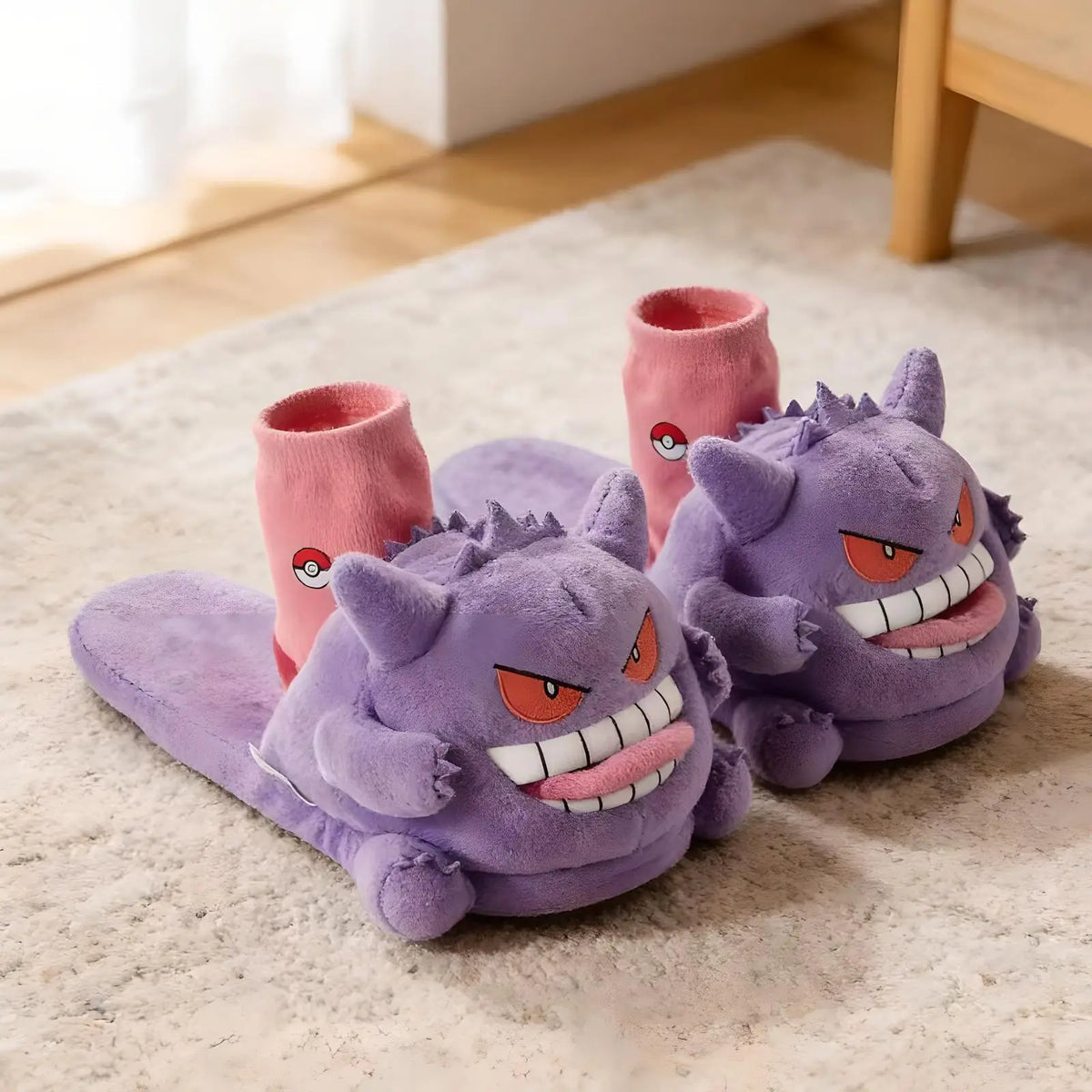 Cute Pokemon Gengar plush slippers with Poké Ball socks on cozy carpet – kawaii anime home slippers for comfort