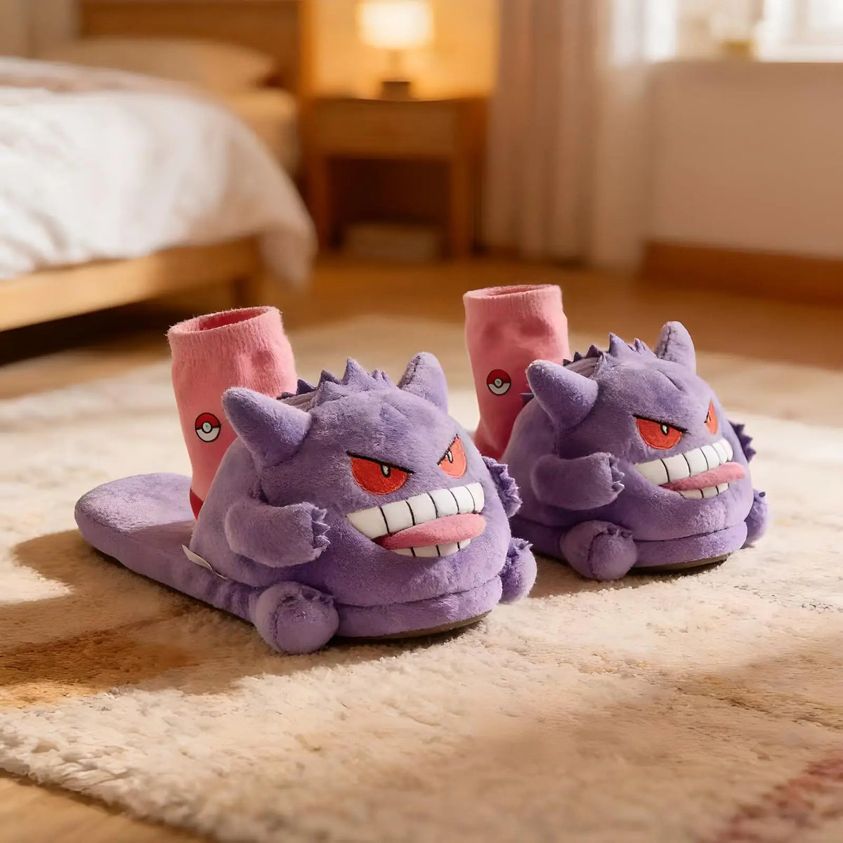 Pokemon Gengar plush house slippers with socks in bedroom setting – soft anime character indoor footwear