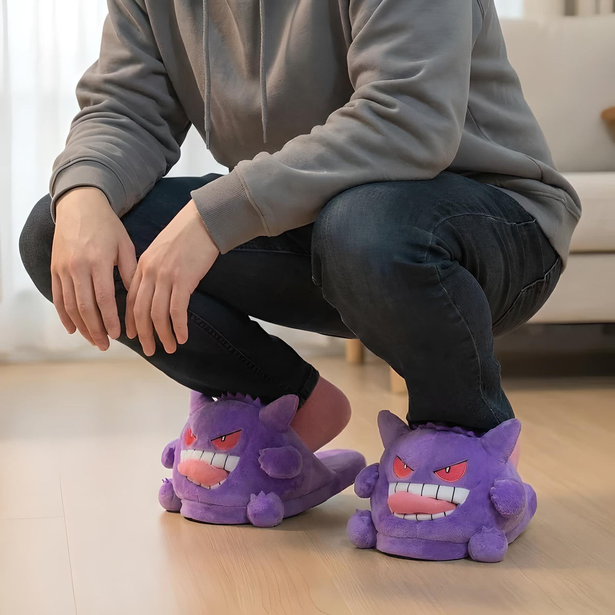 Purple Gengar-inspired plush slippers worn indoors on a wooden floor