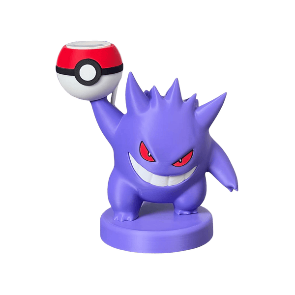 Gengar-inspired wireless watch charger stand with Poké Ball design, purple anime desk accessory