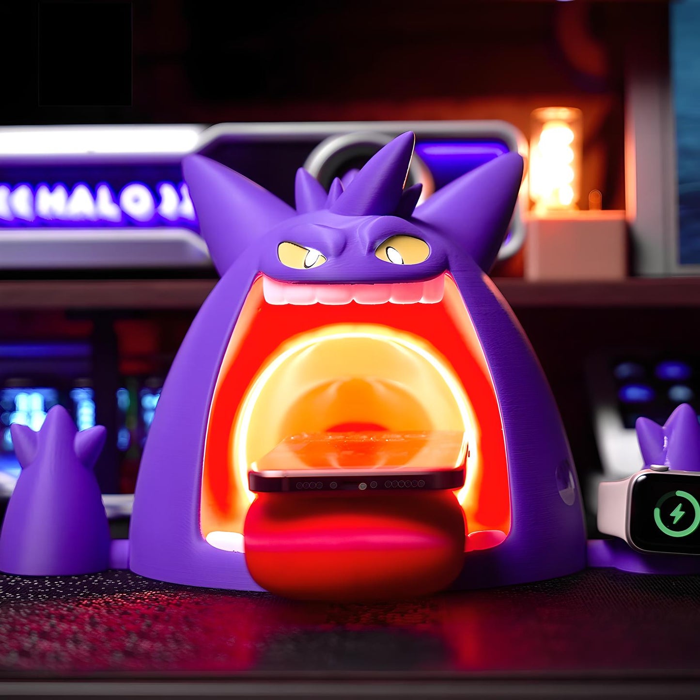Front view of Gengar-inspired wireless charger with phone charging and bright LED ring light, smartwatch charging on side stand