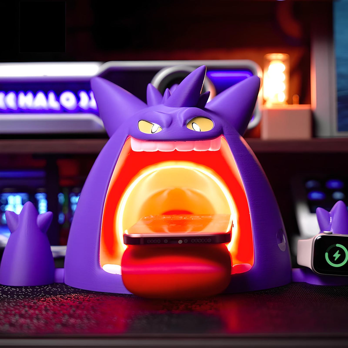 Front view of Gengar-inspired wireless charger with phone charging and bright LED ring light, smartwatch charging on side stand