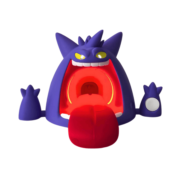 Gengar-inspired wireless charger render with red LED glow, purple character design, front view