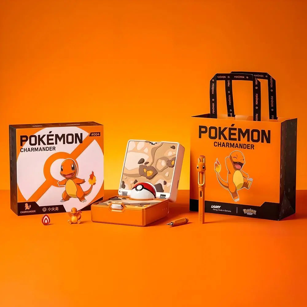 Pokémon Charmander fountain pen set with orange character pen, Poké Ball stand, and box