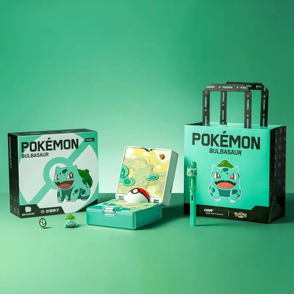 Pokémon Bulbasaur fountain pen set with Poké Ball pen stand, collector box, and gift bag
