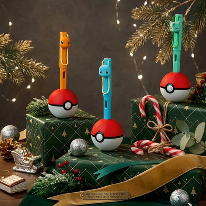 Pokémon fountain pens featuring Charmander, Squirtle, and Bulbasaur on Poké Ball stands