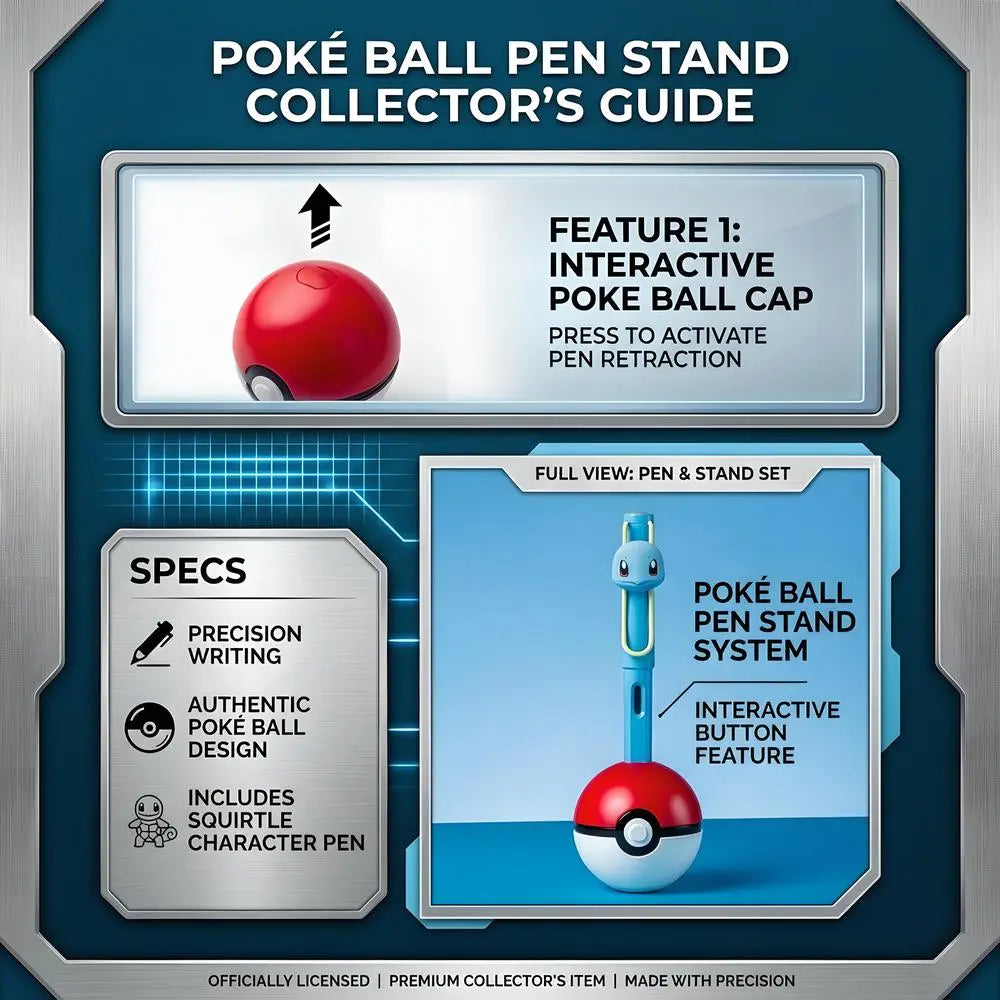 Pokémon Squirtle Poké Ball pen stand system guide showing interactive button feature and specs