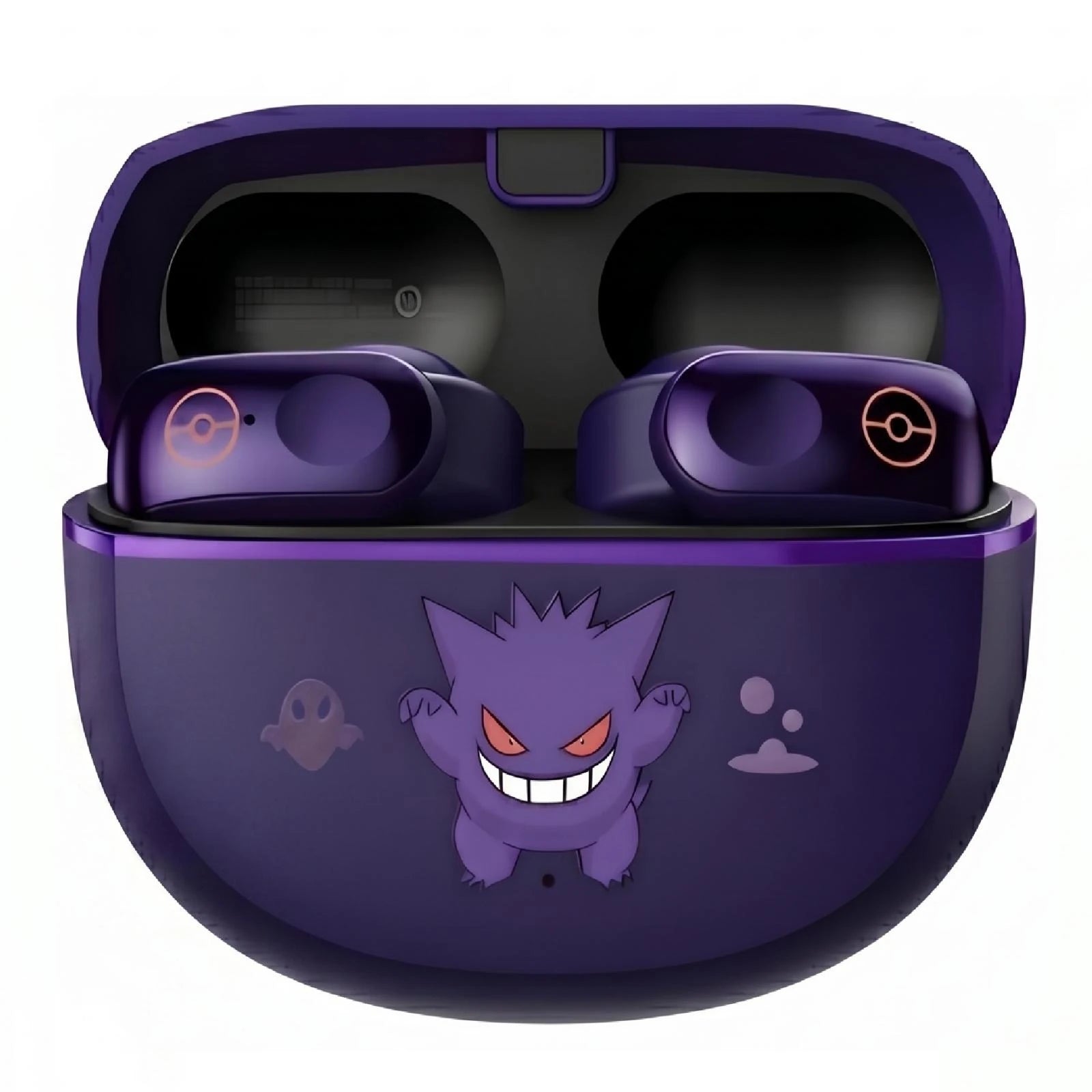 Front view of Gengar purple wireless earbuds inside open charging case