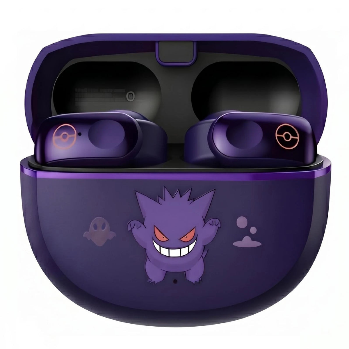 Front view of Gengar purple wireless earbuds inside open charging case