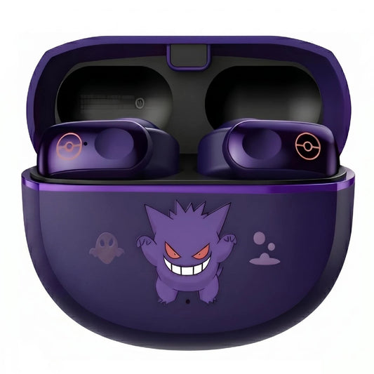 Front view of Gengar purple wireless earbuds inside open charging case