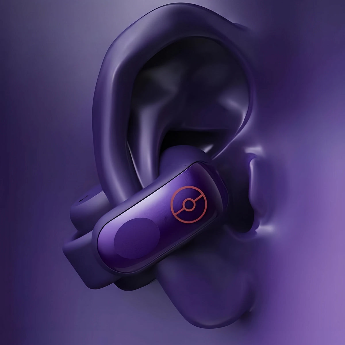 Close-up of purple open-ear clip earbuds worn on ear for comfortable fit