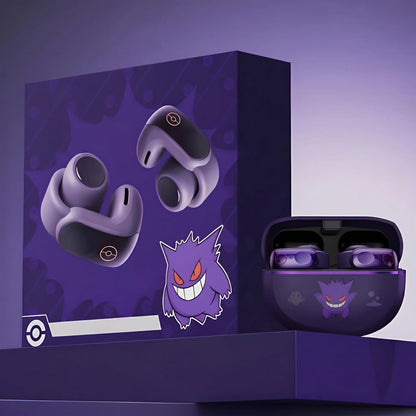Gengar themed purple wireless earbuds with collector-style packaging and charging case