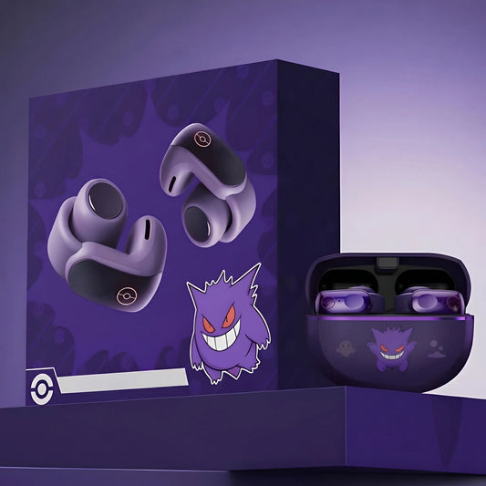 Gengar themed purple wireless earbuds with collector-style packaging and charging case