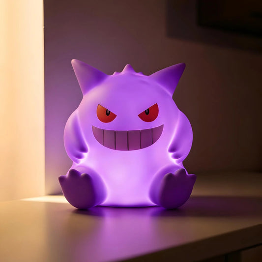 Gengar Pokémon LED night light glowing purple on bedside table, anime lamp for bedroom decor and kawaii room lighting gift