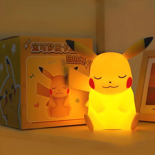 Cute Pikachu bedside lamp glowing next to photo frame, aesthetic anime room decor and perfect gift for Pokémon lovers