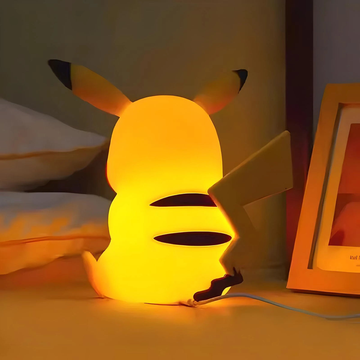 Back view of Pikachu LED lamp, soft silicone touch night light with rechargeable design, ideal for kids room and anime fans