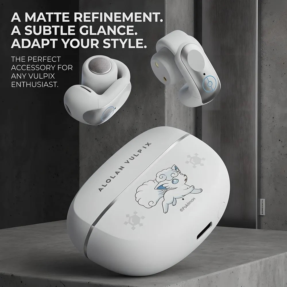 Matte white Alolan Vulpix wireless charging case and floating clip-on earbuds set against a minimalist concrete texture background with promotional typography.