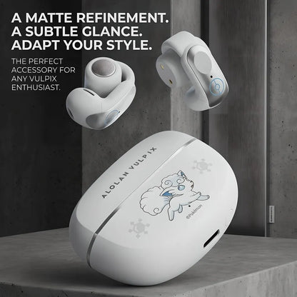 Matte white Alolan Vulpix wireless charging case and floating clip-on earbuds set against a minimalist concrete texture background with promotional typography.
