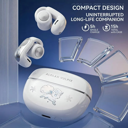 Premium Alolan Vulpix open-ear Bluetooth earbuds with white charging case highlighted on a blue background, displaying 5h single charge and 15h total battery life specs.
